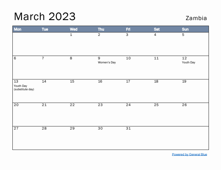 March 2023 Simple Monthly Calendar for Zambia