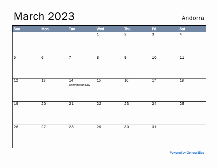 March 2023 Simple Monthly Calendar for Andorra