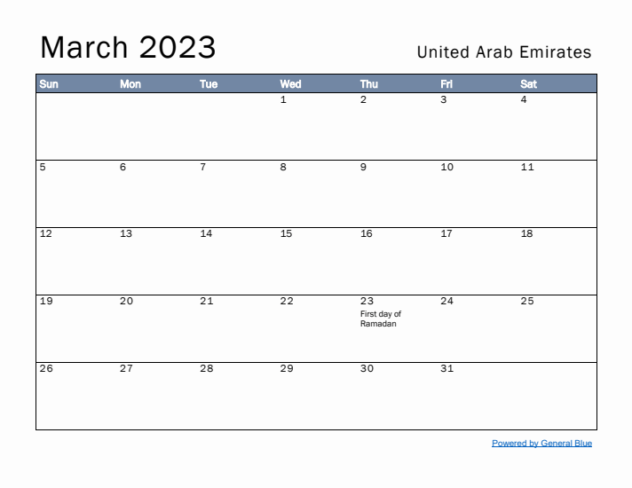 March 2023 Simple Monthly Calendar for United Arab Emirates