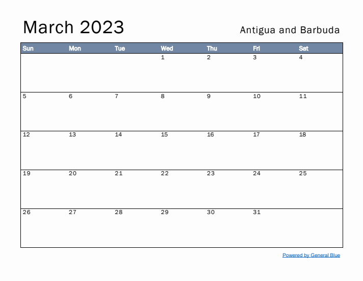 March 2023 Simple Monthly Calendar for Antigua and Barbuda