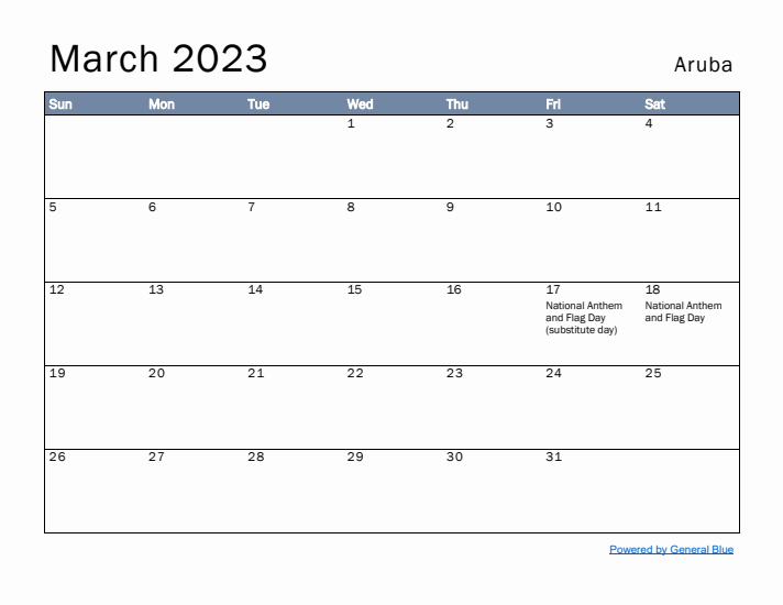 March 2023 Simple Monthly Calendar for Aruba