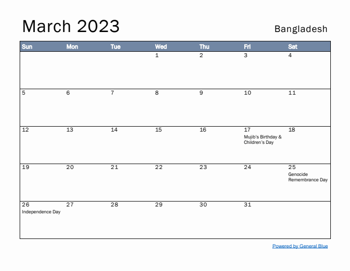 March 2023 Simple Monthly Calendar for Bangladesh