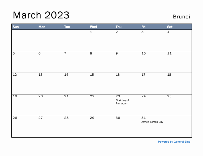 March 2023 Simple Monthly Calendar for Brunei