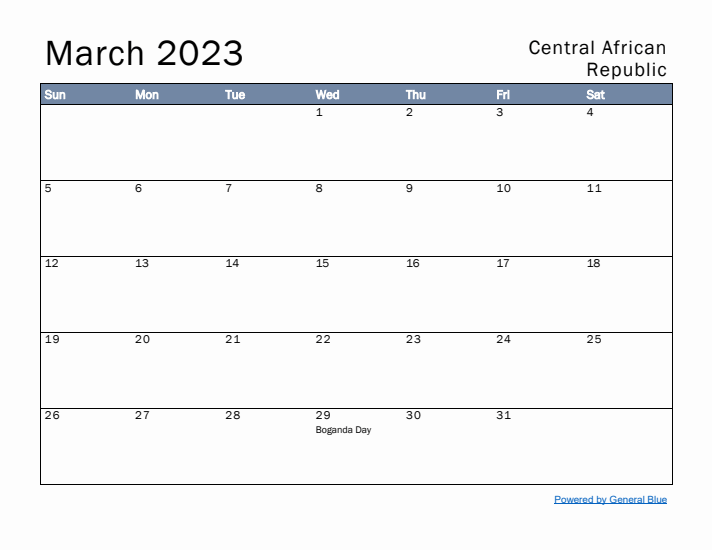 March 2023 Simple Monthly Calendar for Central African Republic