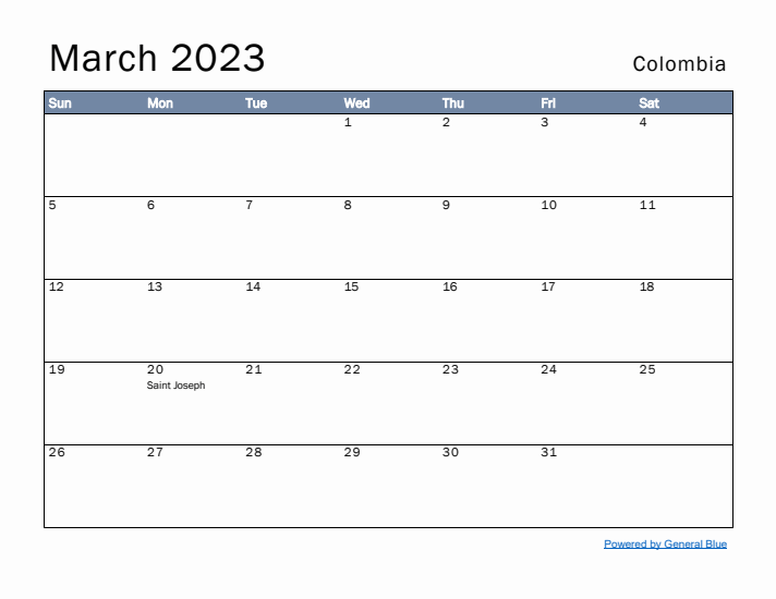 March 2023 Simple Monthly Calendar for Colombia