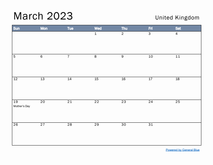 March 2023 Simple Monthly Calendar for United Kingdom