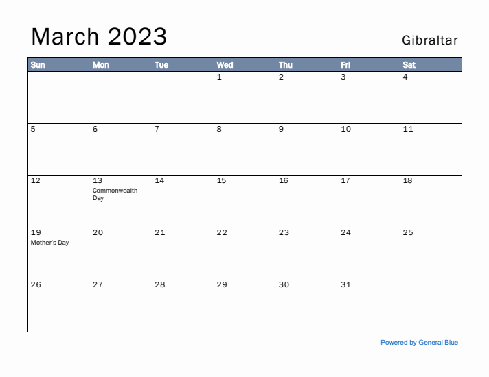 March 2023 Simple Monthly Calendar for Gibraltar