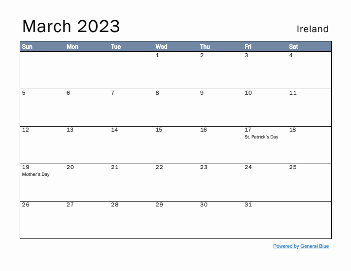 March 2023 Simple Monthly Calendar for Ireland