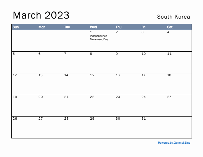 March 2023 Simple Monthly Calendar for South Korea