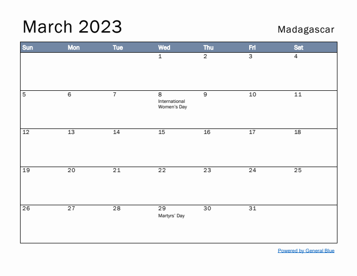 March 2023 Simple Monthly Calendar for Madagascar