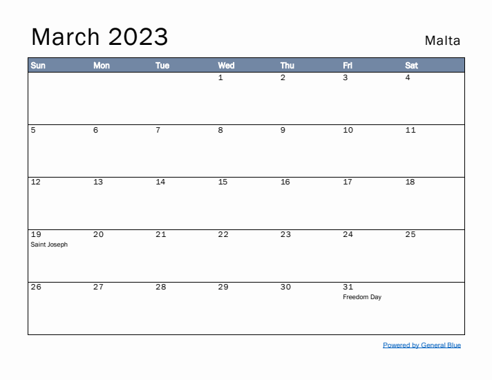 March 2023 Simple Monthly Calendar for Malta