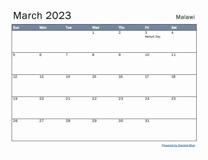 March 2023 Simple Monthly Calendar for Malawi