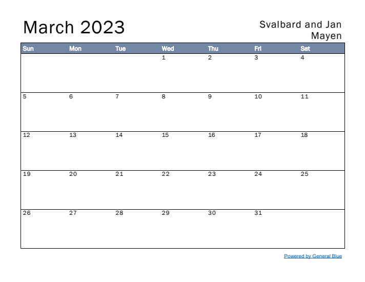 March 2023 Simple Monthly Calendar for Svalbard and Jan Mayen