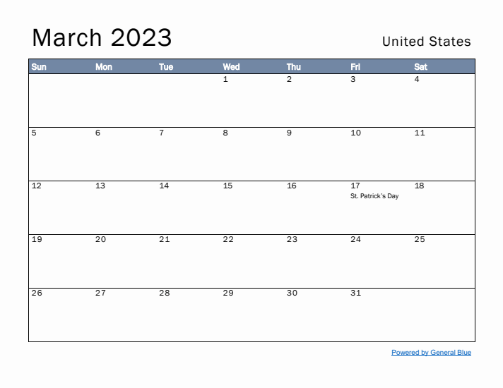 March 2023 Simple Monthly Calendar for United States