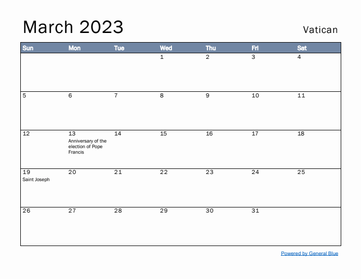 March 2023 Simple Monthly Calendar for Vatican