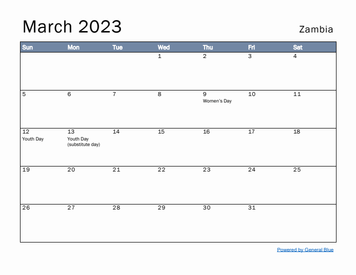 March 2023 Simple Monthly Calendar for Zambia