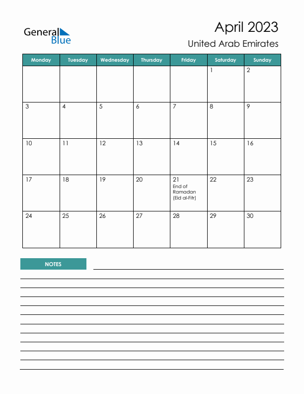 Calendar with Notes Printable - Monday Start