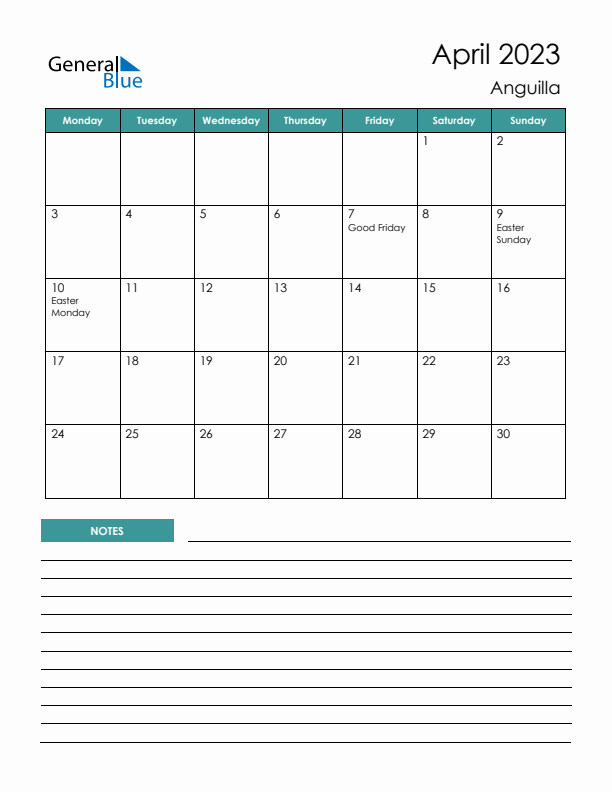 Calendar with Notes Printable - Monday Start