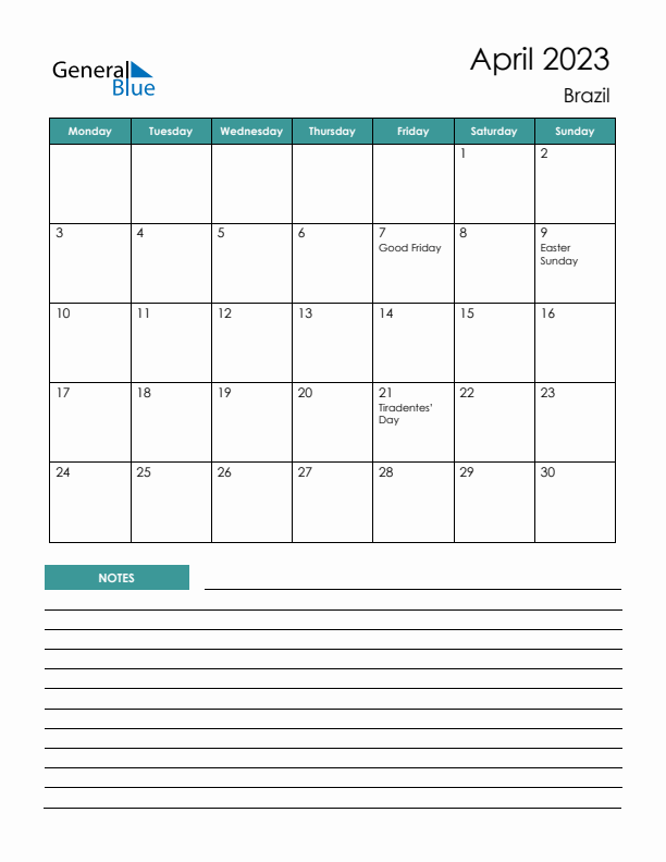 Calendar with Notes Printable - Monday Start