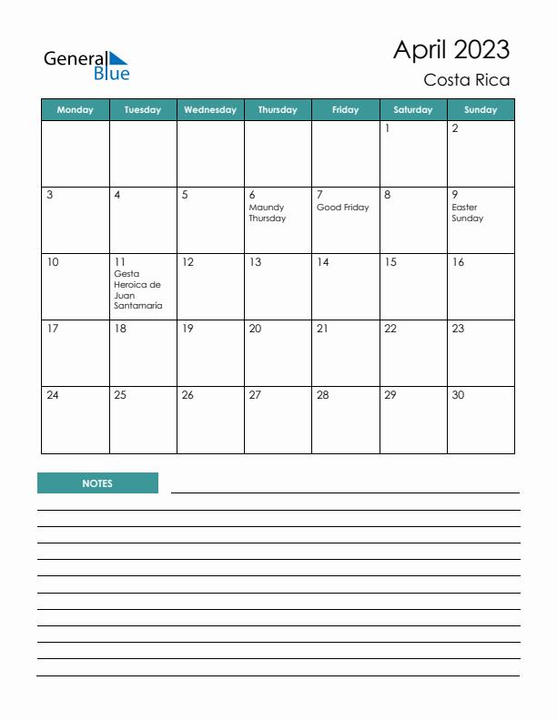 Calendar with Notes Printable - Monday Start