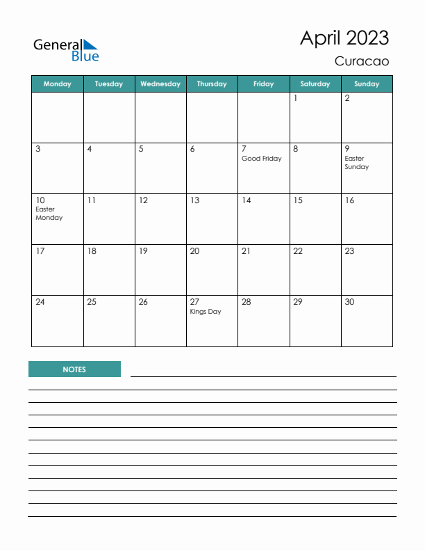 Calendar with Notes Printable - Monday Start