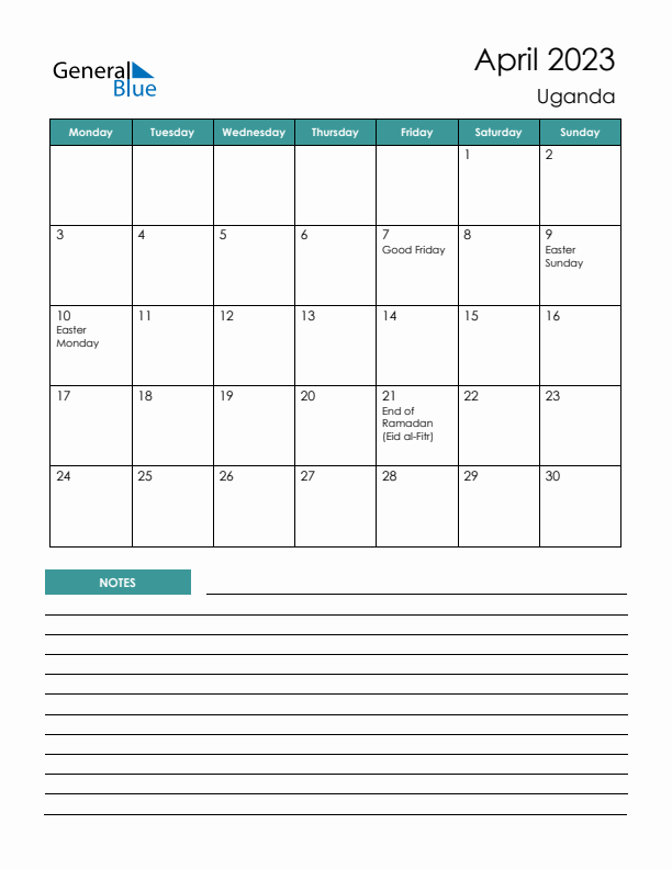 Calendar with Notes Printable - Monday Start