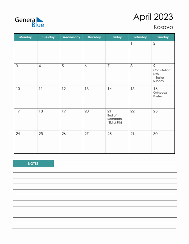 Calendar with Notes Printable - Monday Start