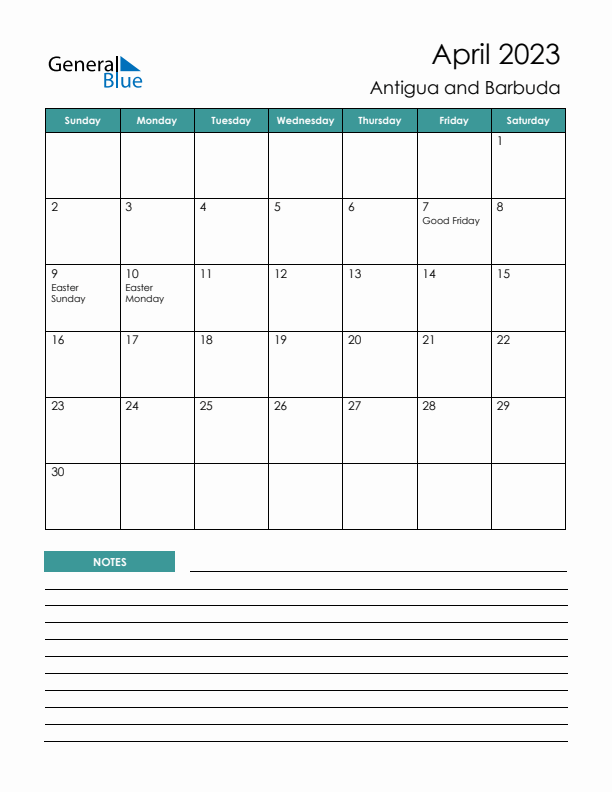 Calendar with Notes Printable - Sunday Start