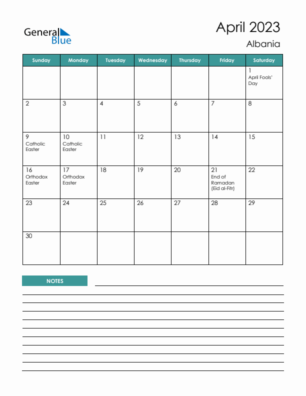 Calendar with Notes Printable - Sunday Start