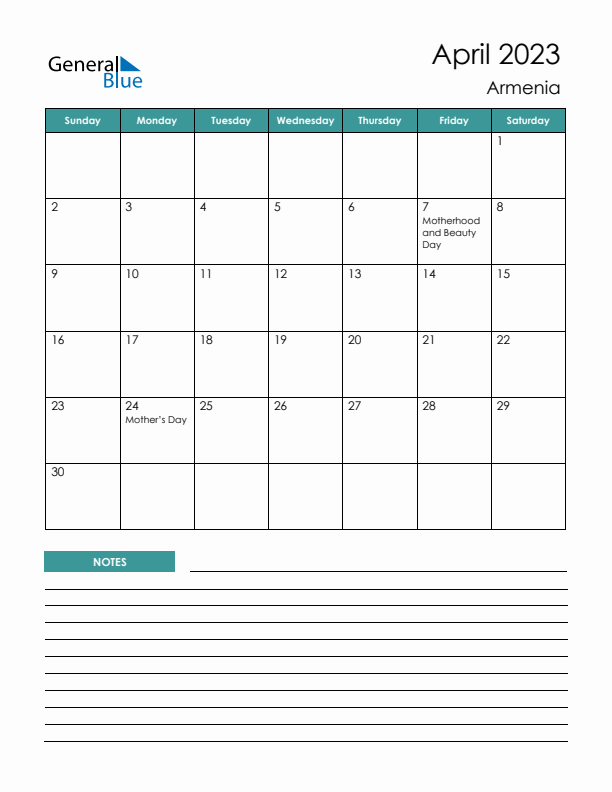 Calendar with Notes Printable - Sunday Start