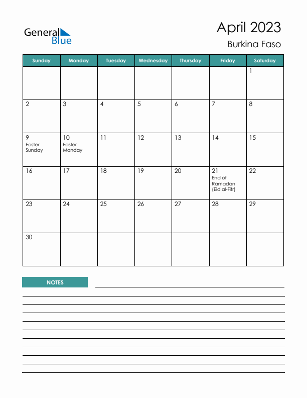 Calendar with Notes Printable - Sunday Start