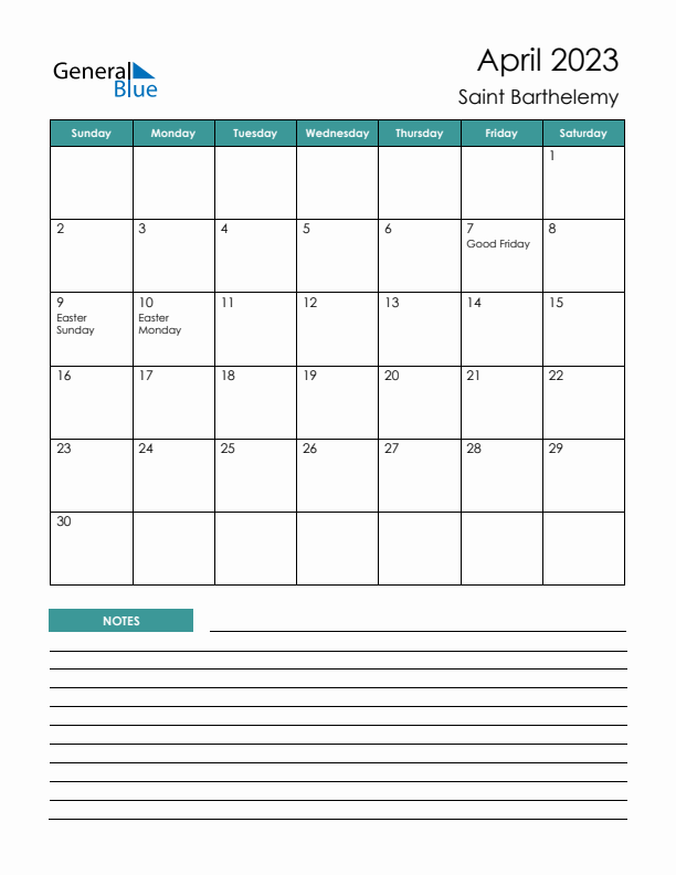 Calendar with Notes Printable - Sunday Start