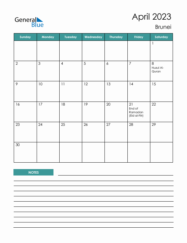 Calendar with Notes Printable - Sunday Start