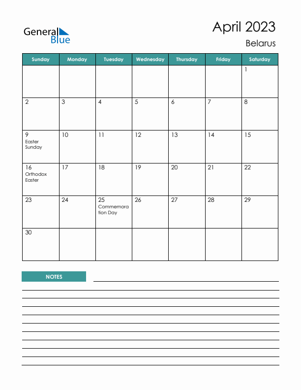 Calendar with Notes Printable - Sunday Start