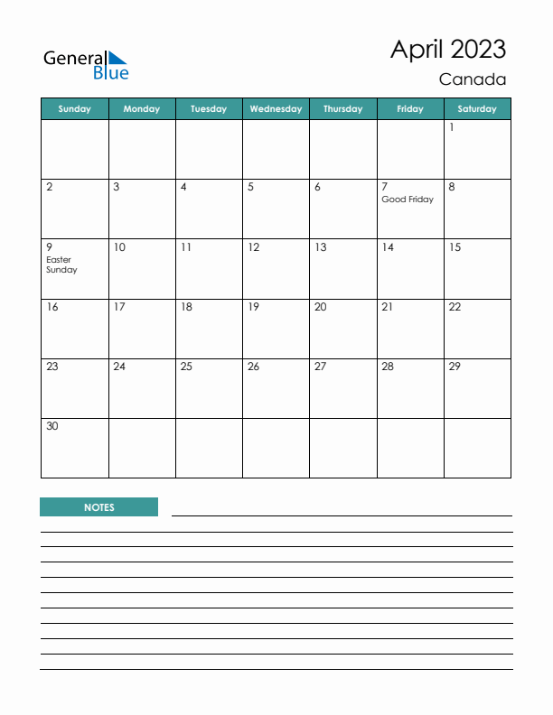 Calendar with Notes Printable - Sunday Start