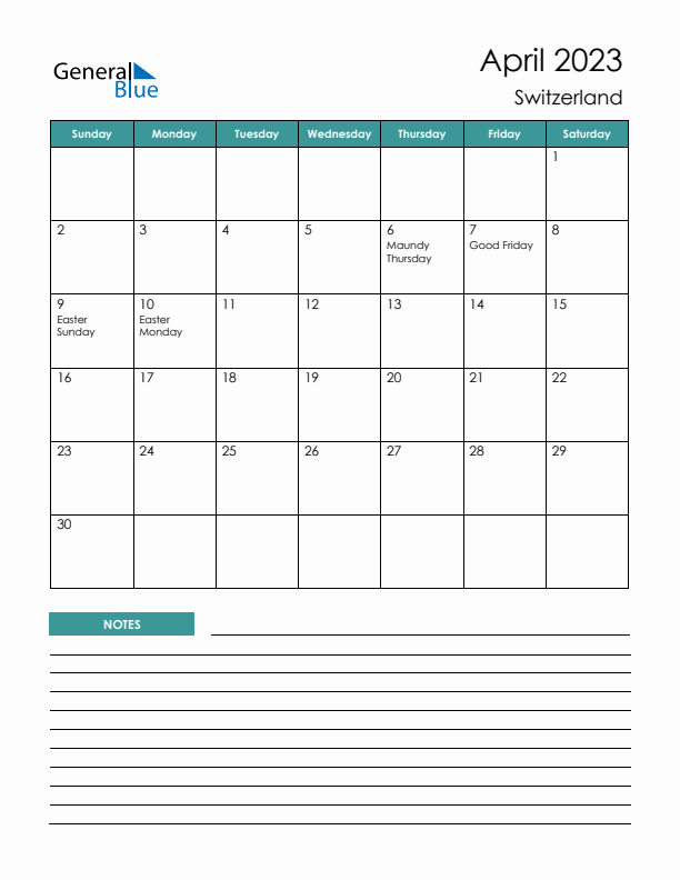 Calendar with Notes Printable - Sunday Start