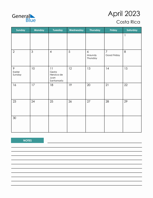 Calendar with Notes Printable - Sunday Start