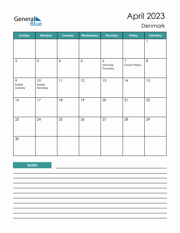 Calendar with Notes Printable - Sunday Start