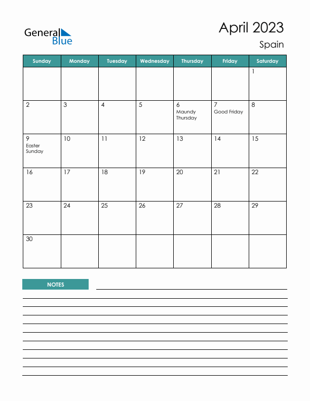 Calendar with Notes Printable - Sunday Start