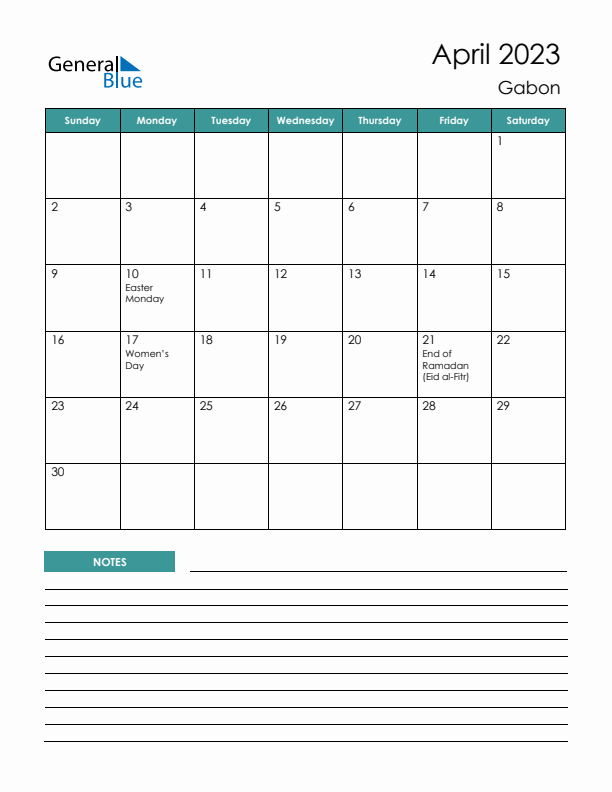 Calendar with Notes Printable - Sunday Start