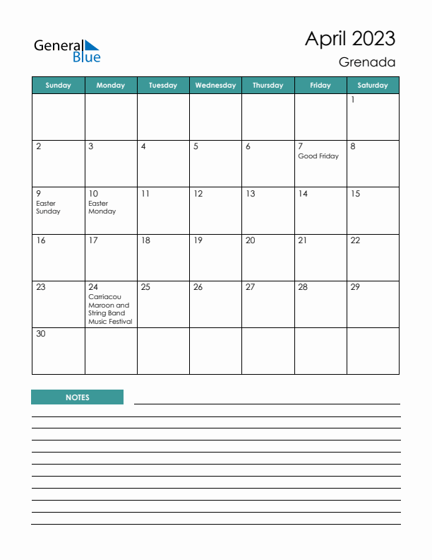 Calendar with Notes Printable - Sunday Start