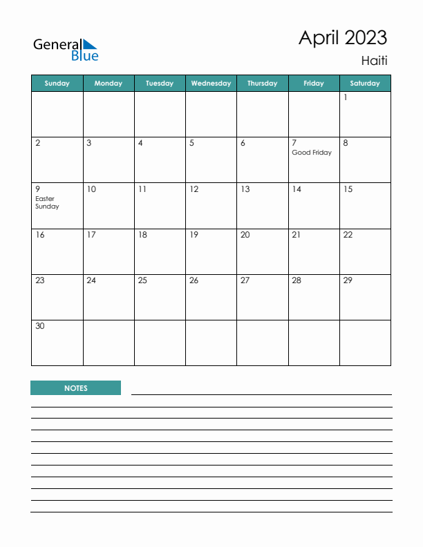 Calendar with Notes Printable - Sunday Start