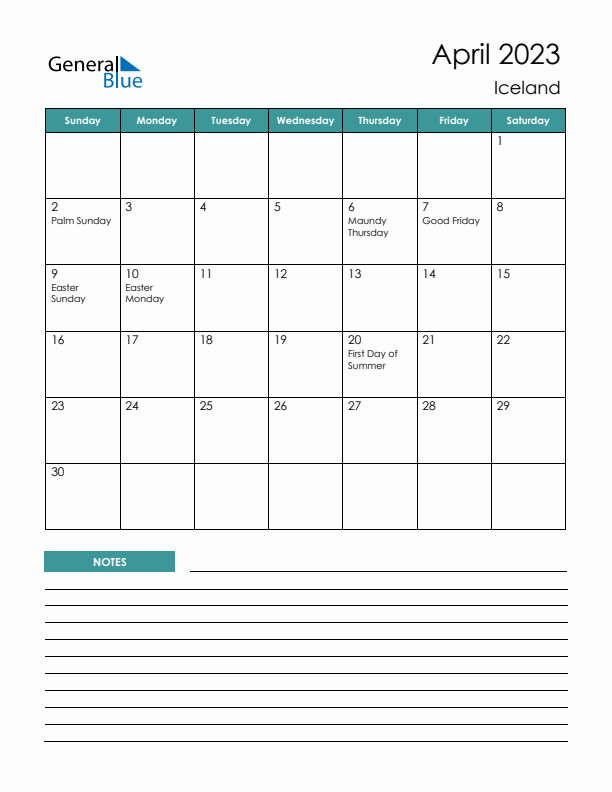 Calendar with Notes Printable - Sunday Start