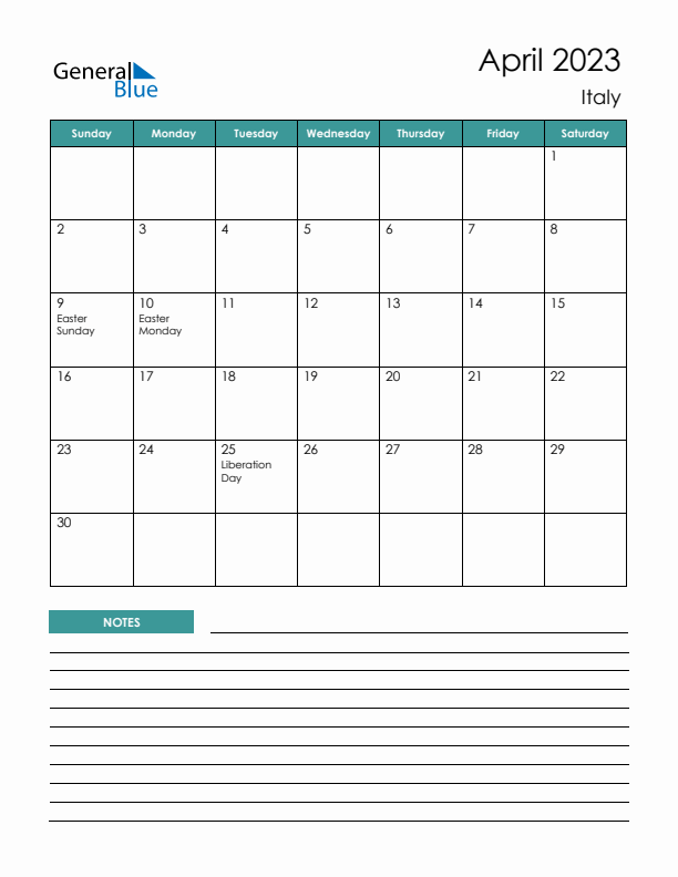 Calendar with Notes Printable - Sunday Start