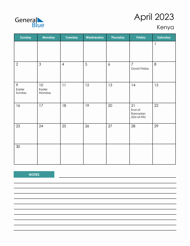 Calendar with Notes Printable - Sunday Start