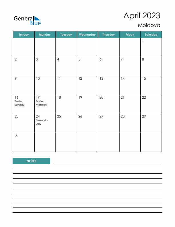 Calendar with Notes Printable - Sunday Start