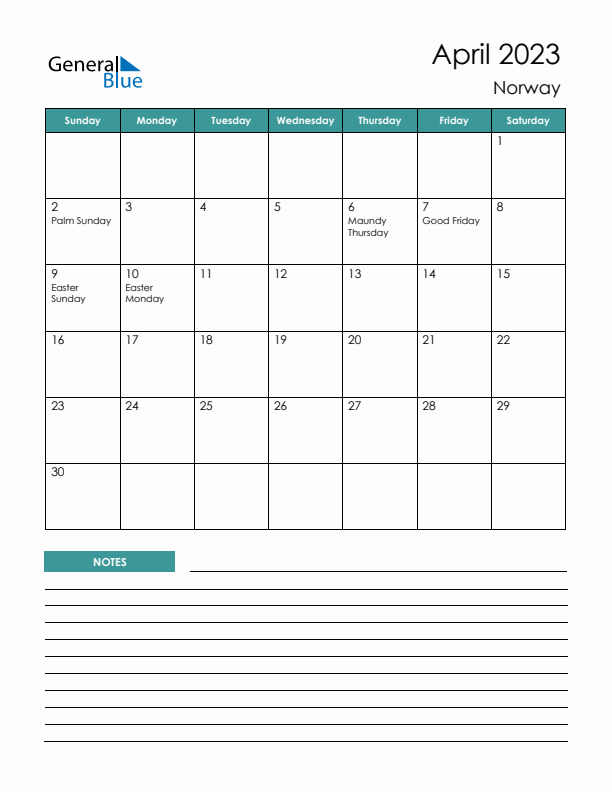 Calendar with Notes Printable - Sunday Start