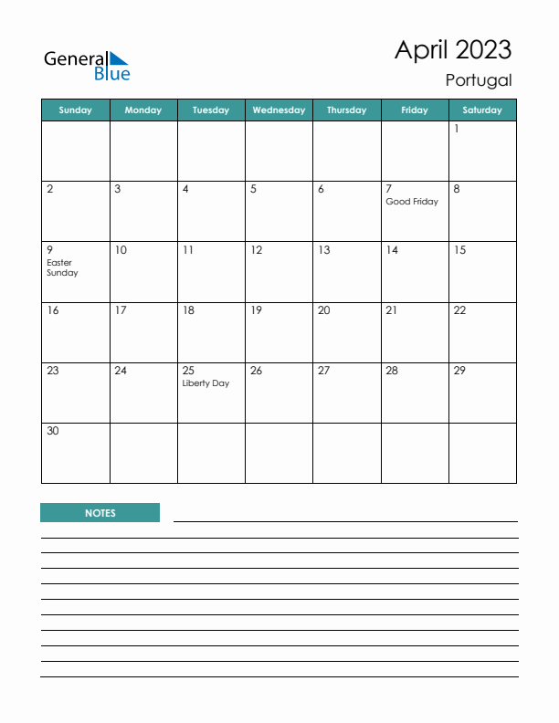 Calendar with Notes Printable - Sunday Start