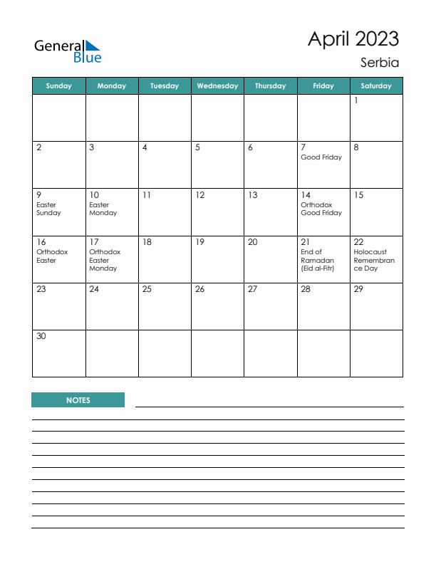 Calendar with Notes Printable - Sunday Start