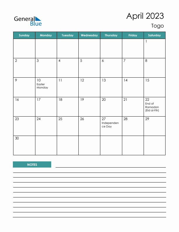 Calendar with Notes Printable - Sunday Start